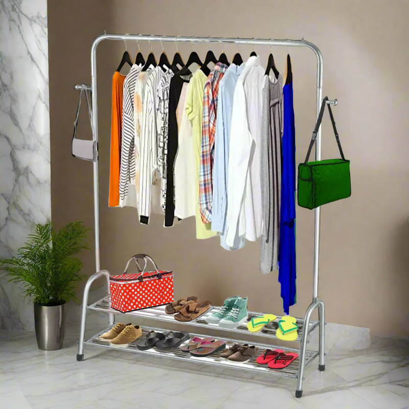 Premium Silver Cloth Hanging Stand & Shoe Rack – 5 ft Height, 4ft Width