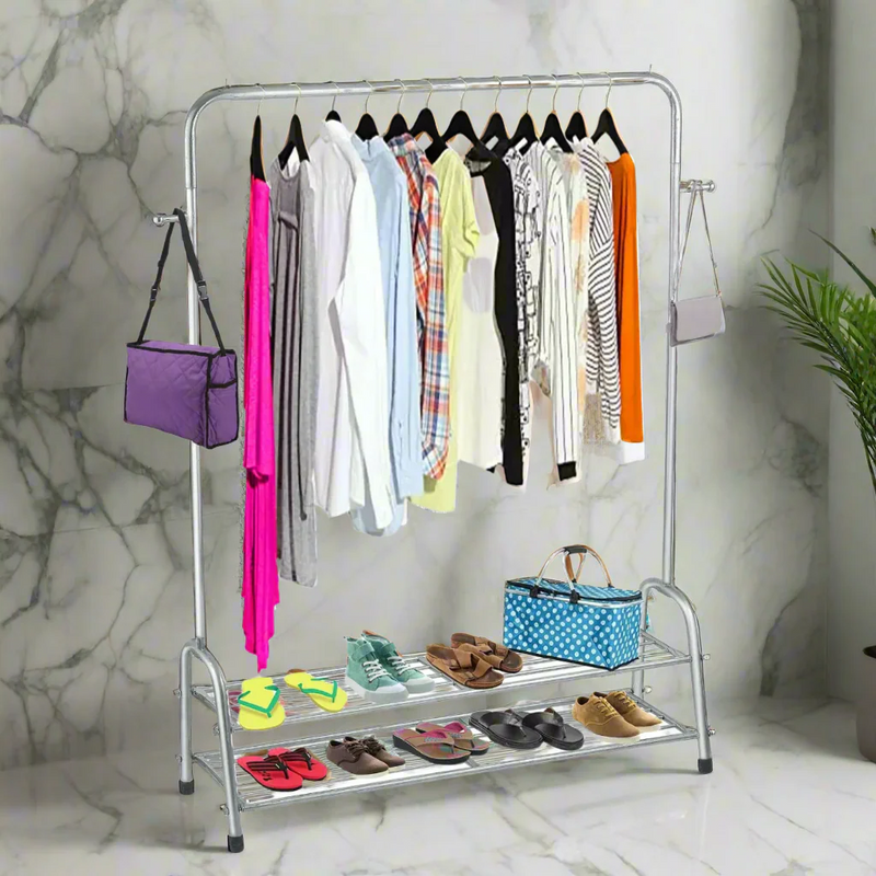 Premium Silver Cloth Hanging Stand & Shoe Rack – 5 ft Height, 4ft Width
